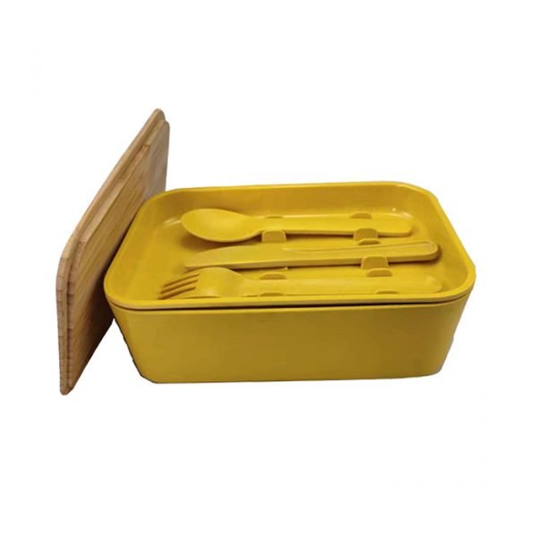 hot yellow 2 layer lunch boxes for school with cutlery set easy to carry (2)