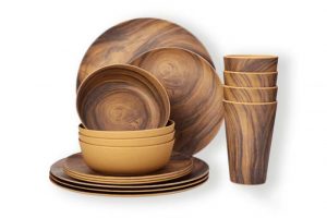 Aveco dark wood dinnerware set with inside decal printed bowl